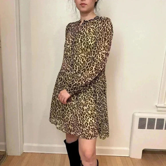 H&M Animal Print Sheer Chiffon Ballon sleeve Flowy button Down mini Dress S/M - Picture 2 of 9